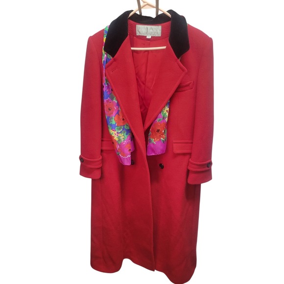 Red Wool Long Overcoat Black Velvet Collar Vintage Style Elegant - Picture 1 of 12